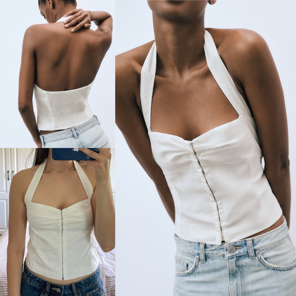 Zara white ruched halter neck open back hook closure front top